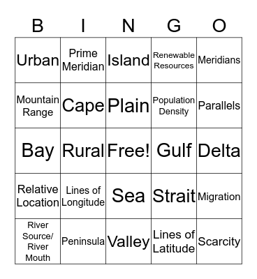 Geography Vocabulary Bingo Card
