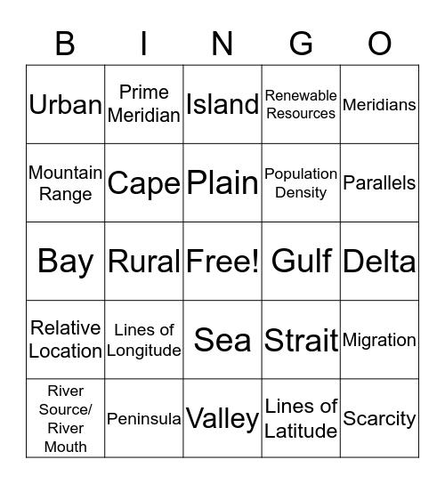 Geography Vocabulary Bingo Card