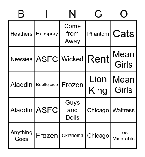 Broadway Bingo Card