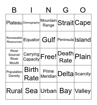 Geography Vocabulary Bingo Card