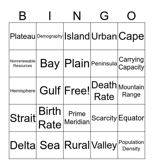 Geography Vocabulary Bingo Card