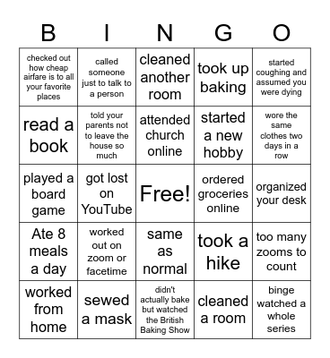 Quarantine Bingo Card
