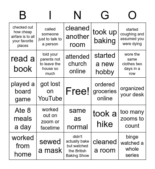 Quarantine Bingo Card