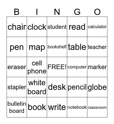 Things in a Classroom Bingo Card