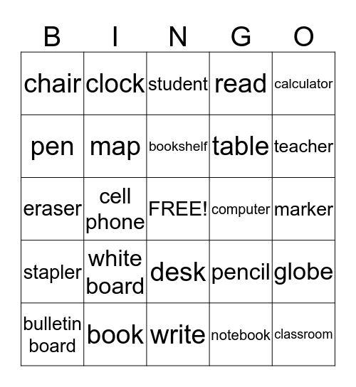 Things in a Classroom Bingo Card