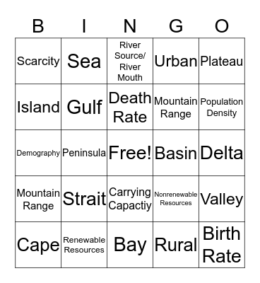 Geography Vocabulary Bingo Card