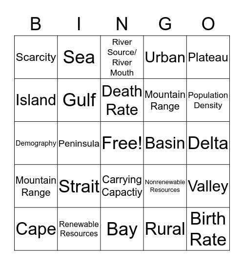 Geography Vocabulary Bingo Card