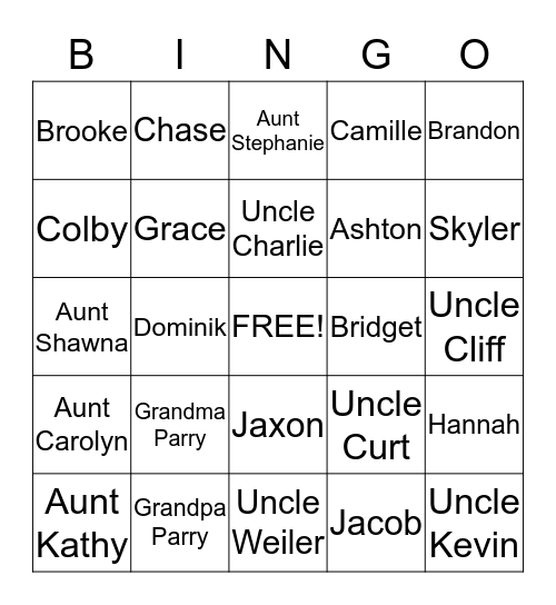 Parry Family Bingo Card