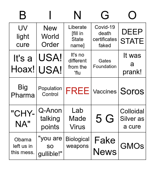 Right Wing Coronavirus Conspiracy Bingo Card