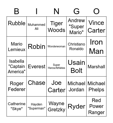Super Heros/Athletes Bingo Card