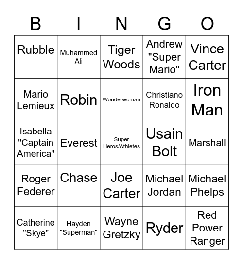 Super Heros/Athletes Bingo Card