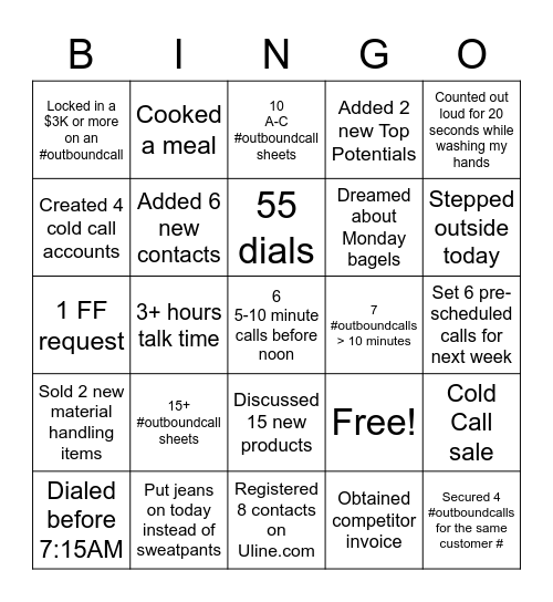 ULINE "Inside Sales" Bingo Card