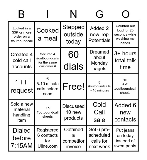 ULINE "Inside Sales" Bingo Card