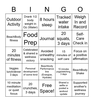 Wellness Bingo Card