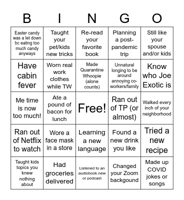 Quarantine Bingo Card
