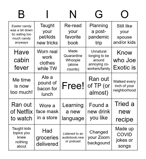 Quarantine Bingo Card