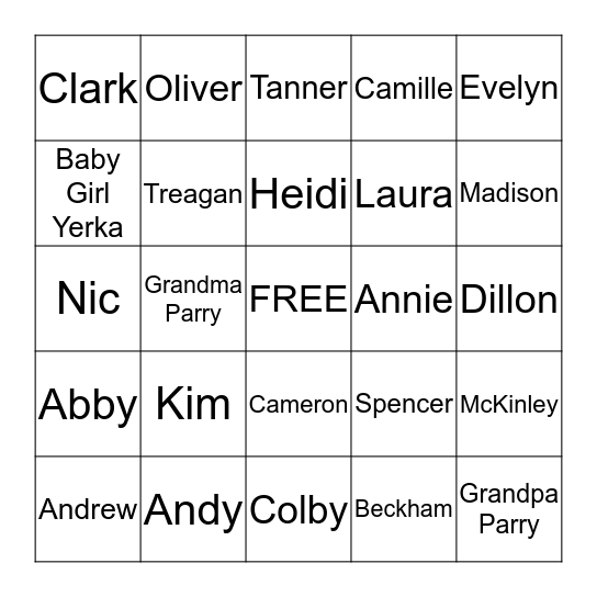 Parry Family Bingo Card