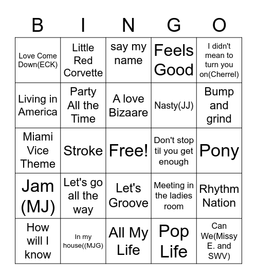 classic 80's /90's rb songs Bingo Card