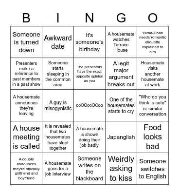 Terrace House Bingo Card