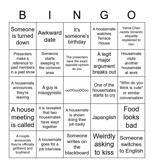 Terrace House Bingo Card