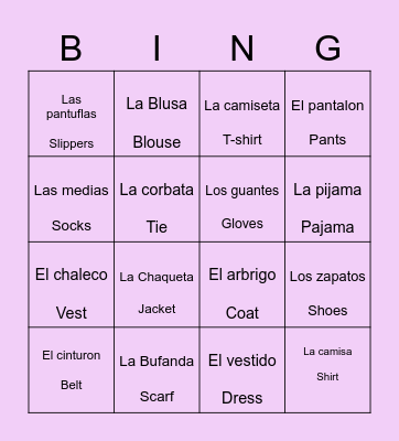 Bingo Clothes Bingo Card
