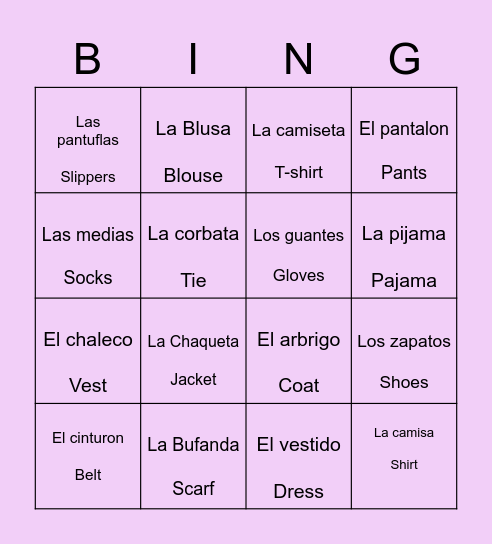 Bingo Clothes Bingo Card