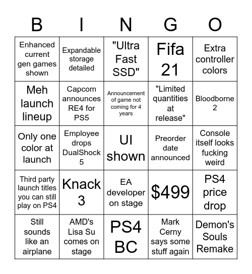 PS5 Event Bingo Card