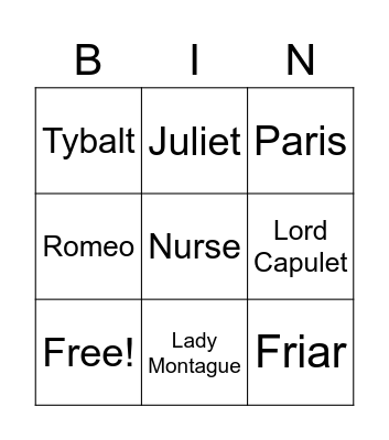 Romeo and Juliet Characters Bingo Card