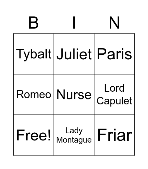 Romeo and Juliet Characters Bingo Card