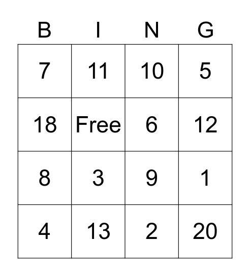Number Bingo Card