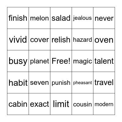 Spelling Words Bingo Card