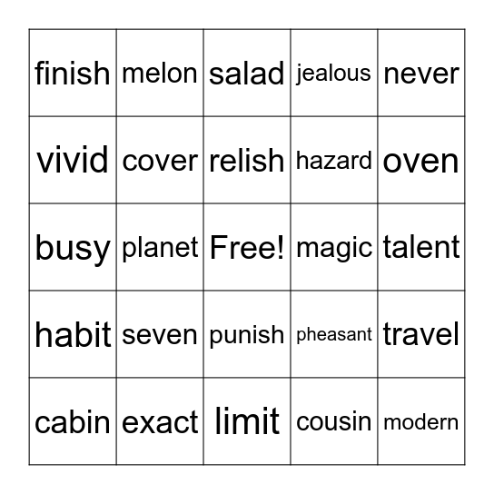 Spelling Words Bingo Card
