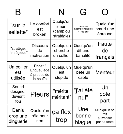 Koh Lanta Bingo Card