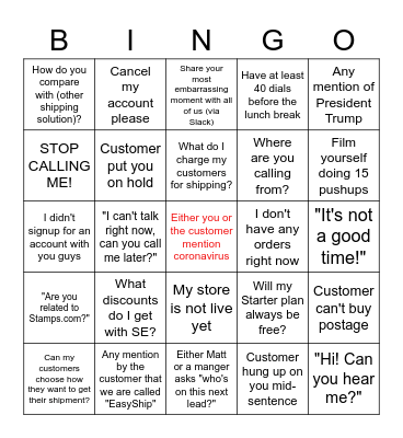 ShippingEasy Sales Bingo Card