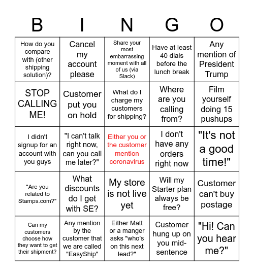 ShippingEasy Sales Bingo Card