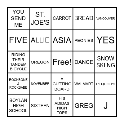 Greg + Allie Bingo Card