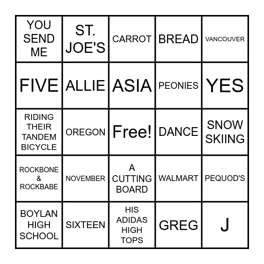 Greg + Allie Bingo Card