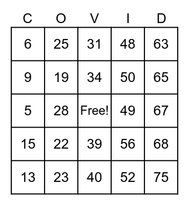 COVID BINGO Card