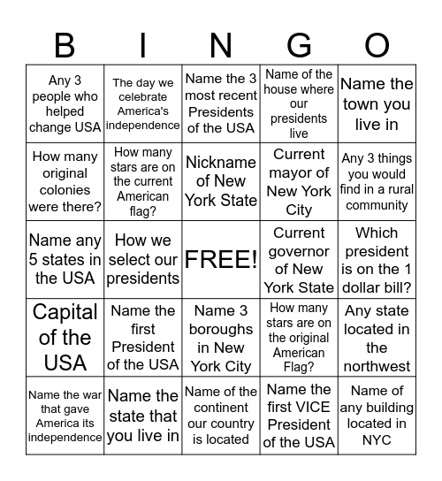 Social Studies Bingo  Bingo Card