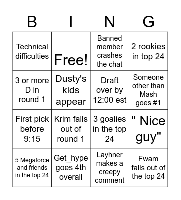 Season 28 Draft Bingo Card