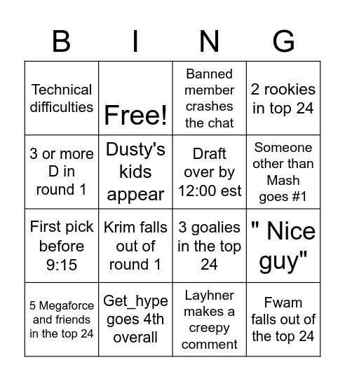 Season 28 Draft Bingo Card