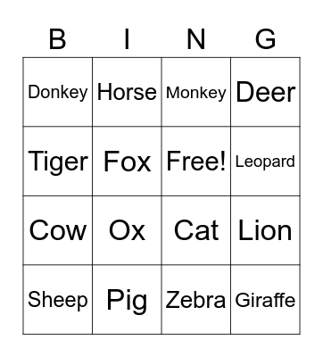 Animal Bingo Card