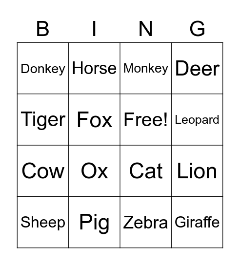 Animal Bingo Card