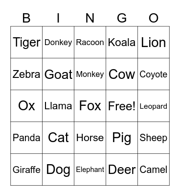 Animal Bingo Card