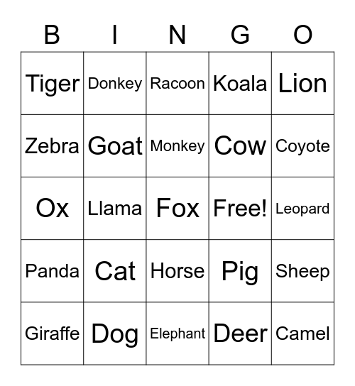 Animal Bingo Card