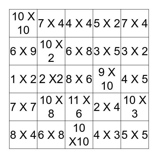 Multiplication Practice Bingo Card