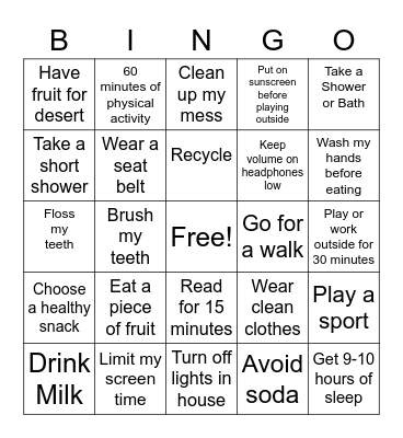 Healthy Habits Bingo Card