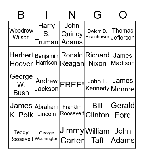 U.S. Presidents Bingo Card