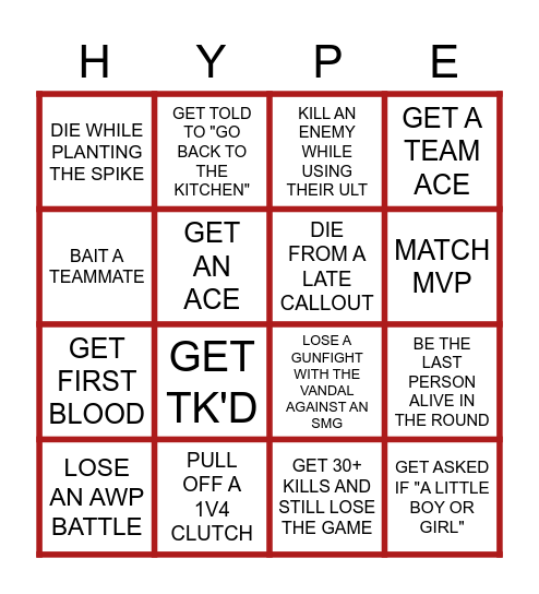 VALORANT HYPE Bingo Card