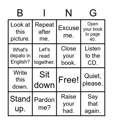Classroom English Bingo Card
